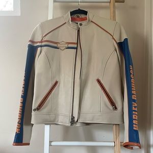 Harley Davison Orange / Blue / Cream leather jacket